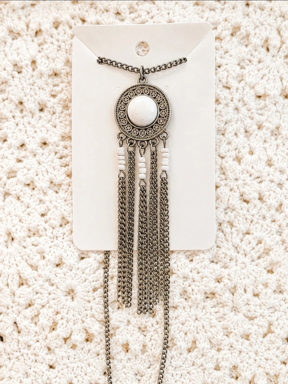 Boho Silver-Tone White Faux Stone Pendant Necklace - Women Jewelry